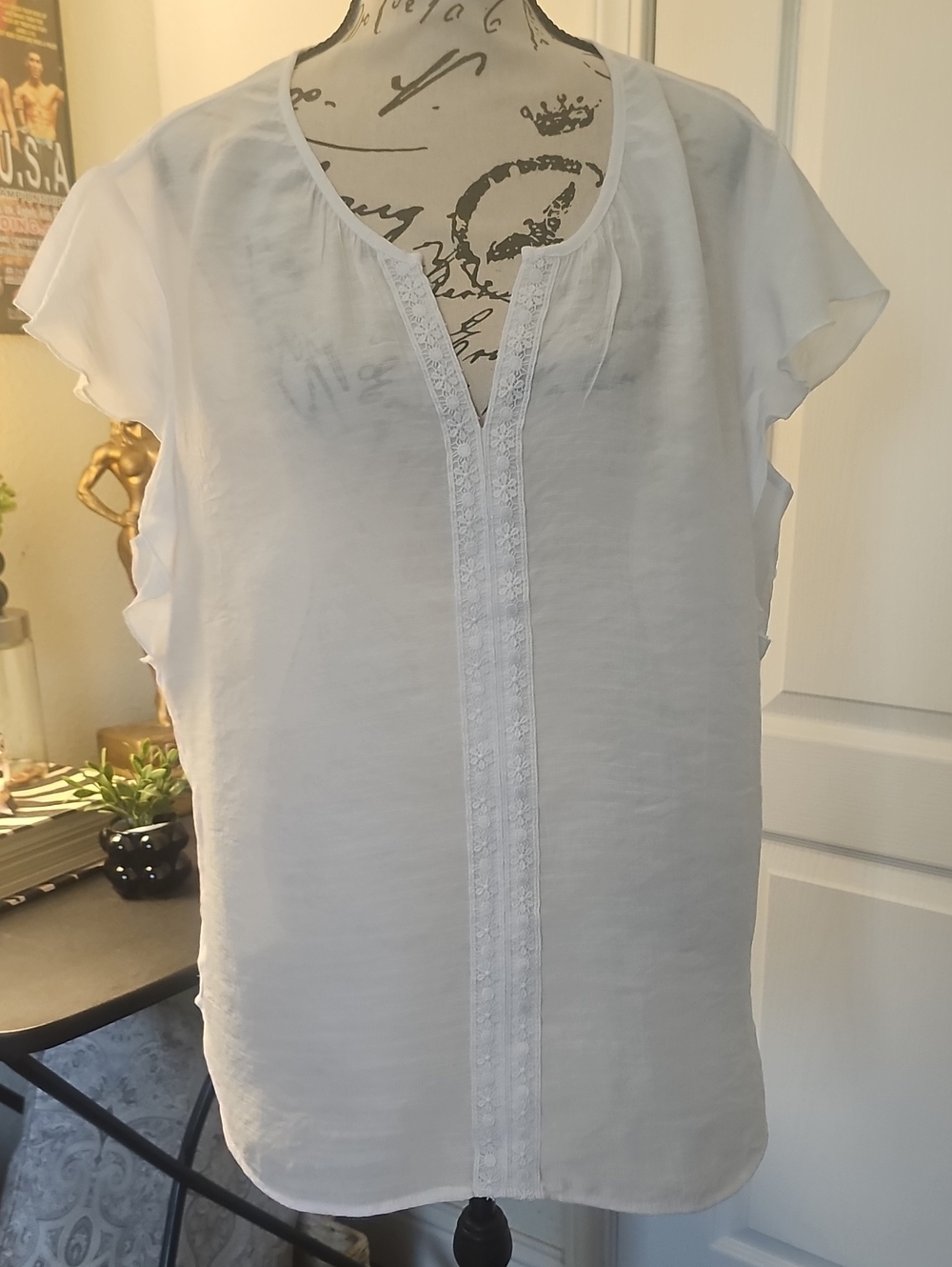 Counterparts White Short Sleeve Lace-Trim Blouse